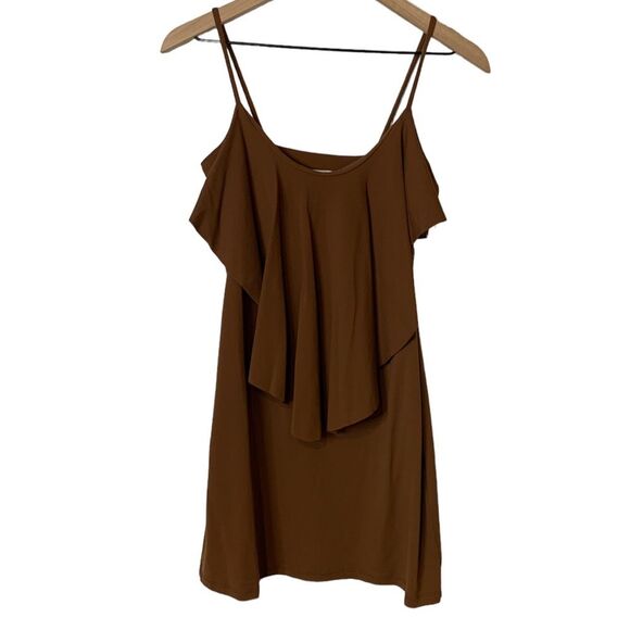 NWT SUSANA MONACO BROWN RUFFLED SPAGHETTI STRAPS MINI DRESS. Size Medium - Picture 1 of 6
